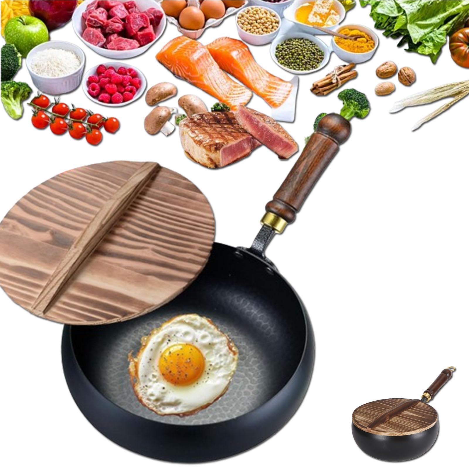 Padella in ferro non rivestita, padella in Sartén de hierro sin revestimiento, sartén japonesa Suntuup, wok de fondo redondo con tapa, wok pequeño de fondo plano sin revestimiento (30cm)