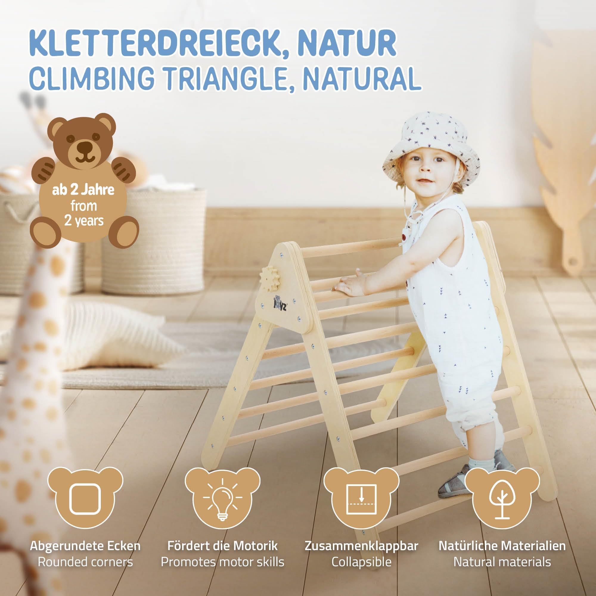 Joyz Kletterdreieck für Kinder, Natur, Indoor Klettergerüst aus massives Holz, Pikler Dreieck, Montessori Spielzeug, Holzdreieck für Baby ab 2 Jahre, Kletterleiter Kletterturm Klettergerät Spielgeräte