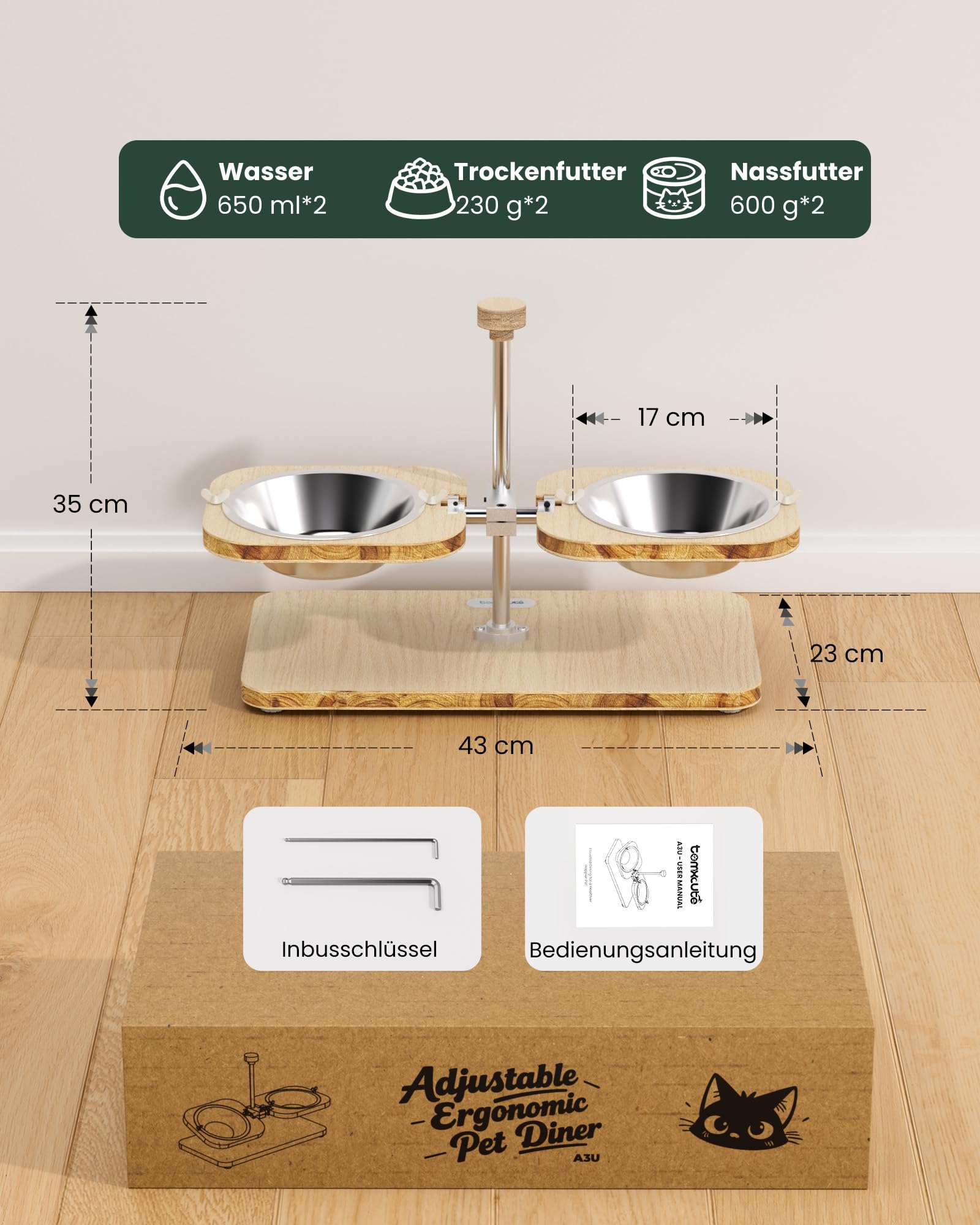 TOMXCUTE Katzennapf Erhöht aus Holz mit Edelstahlschüsseln | Individuell neigbare Näpfe, FSC-zertifiziertes Massivholz und 304 Edelstahl für ergonomisches Fressen und einfache Reinigung.