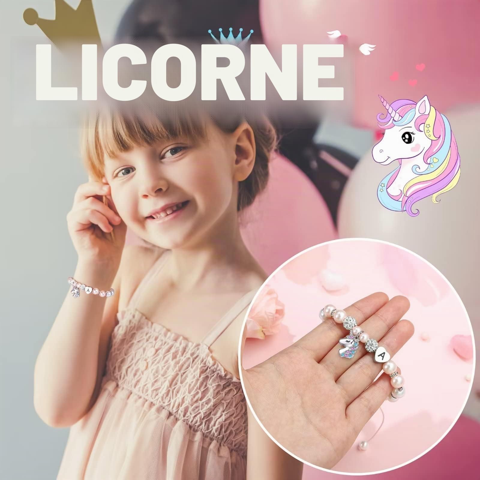 TINGN Bracelet Licorne Cadeaux pour Filles – Perles Roses et Boules de Strass Bracelet Licorne Coeur avec Lettres Arc-en-Ciel CZ