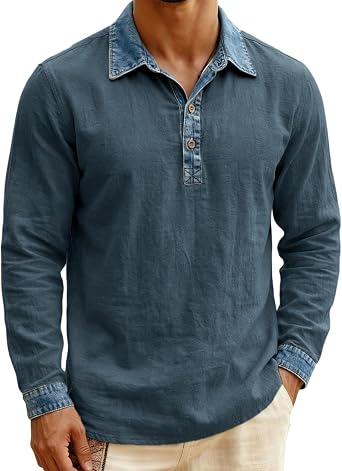 CRNTCEM Men Long Sleeve Vintage Denim Shirt Retro Washed Distressed Patchwork Cotton Jersey Polo Tshirts Western Jean Shirts
