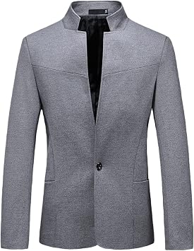 Mens Fashion Suit Party Coat Casual Slim Fit Jacket One Button Suit Solid Stand Collar Chinese Style Blazer