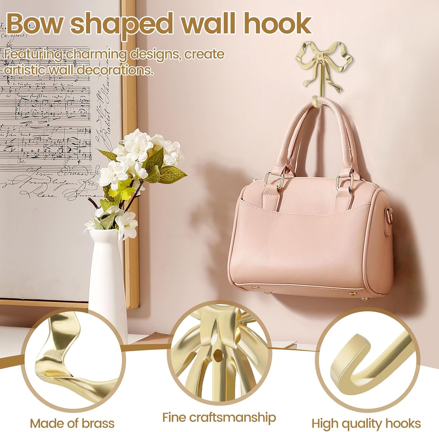 4Pcs Bow Hook Decorative Bow Hanger Sturdy Brass Towel Hook Multipurpose Bow Shaped Hat Hooks Brass Wall Hook Wall Hanging Towel Hook for Bathroom Bedroom Hat Bag Key US(Style 1)