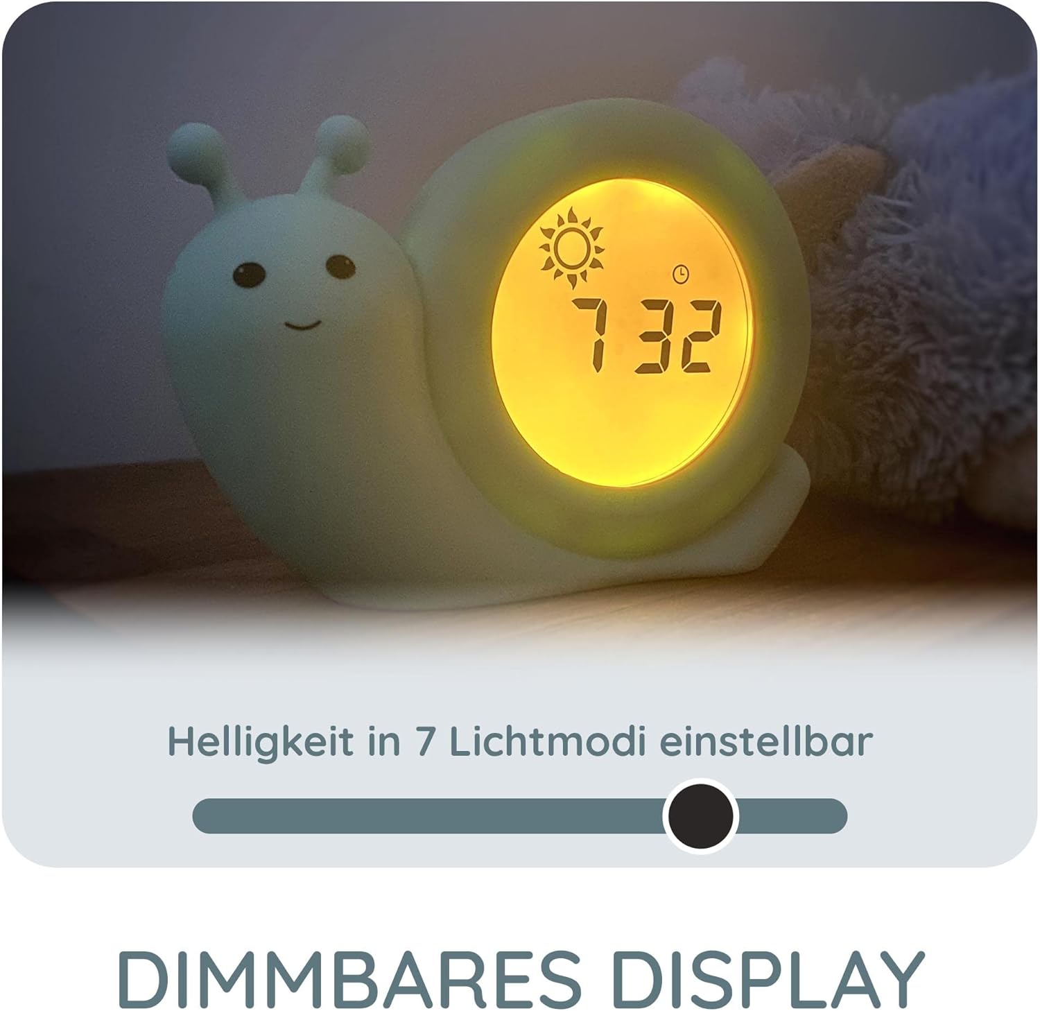 Alecto BC110GN Simon displaying 8:27 with a yellow background and sun icon, indicating wake-up time.