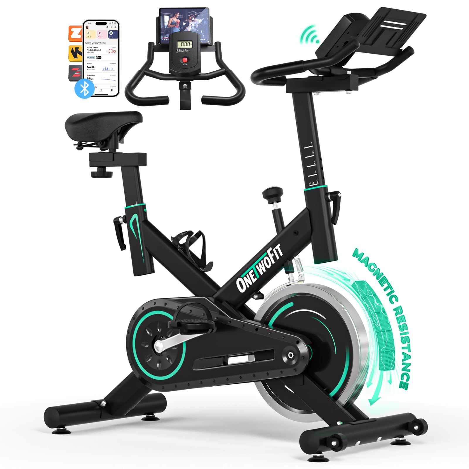 ONETWOFIT Cyclette da Casa, Spin Bike Resistenza Magnetica Regolabile(0-100%) Volano da 15kg, Portata 150kg con Display LCD, Supporto Tablet e App