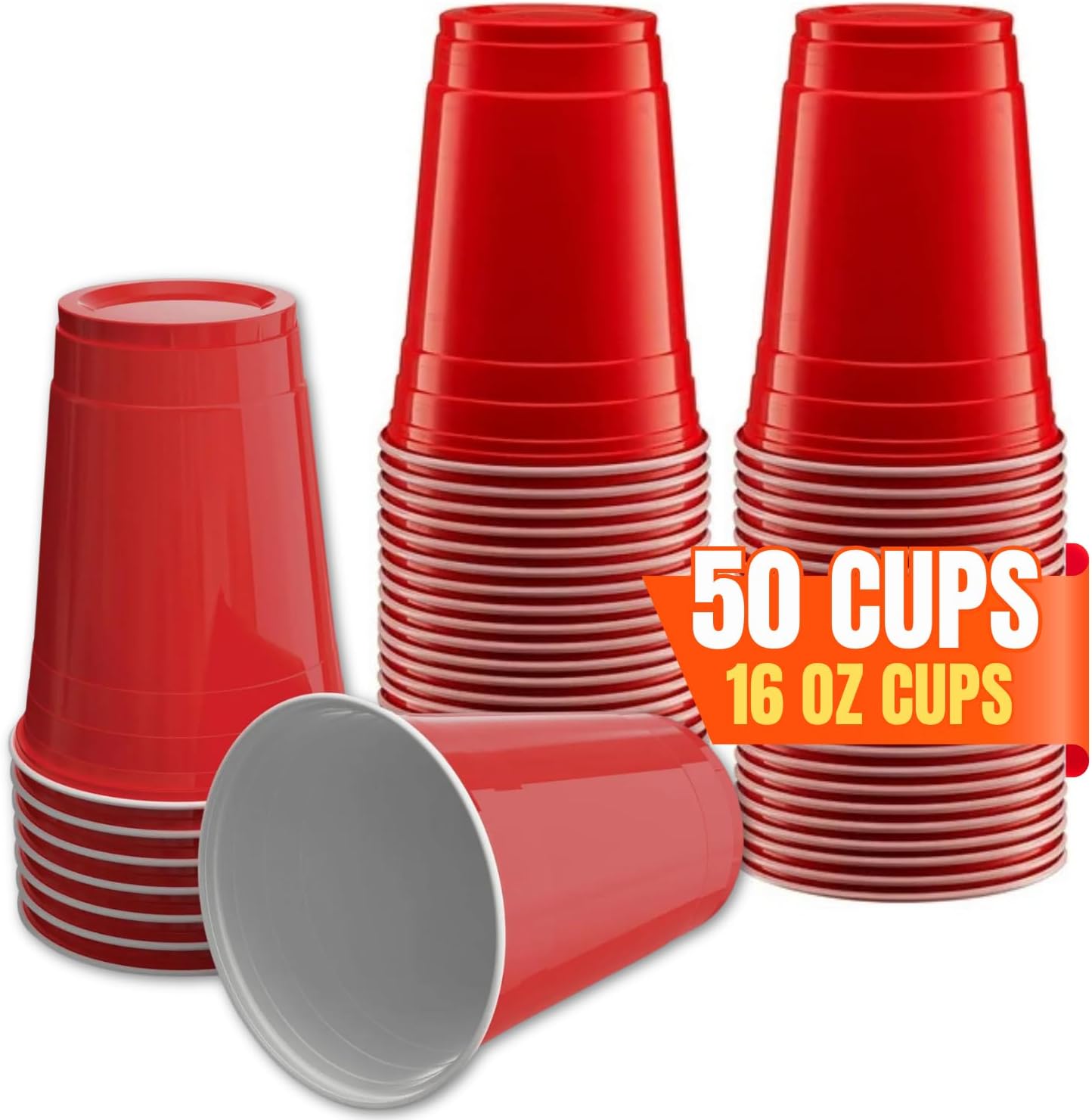 Red Cups 16 oz, Plastic Red Party Cups 16 oz Disposable, 50 Pack