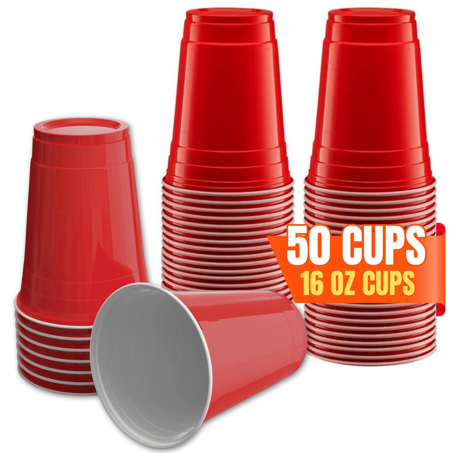 1InTheHome Red Cups 16 oz, Plastic Red Party Cups 16 oz Disposable, 50 Pack