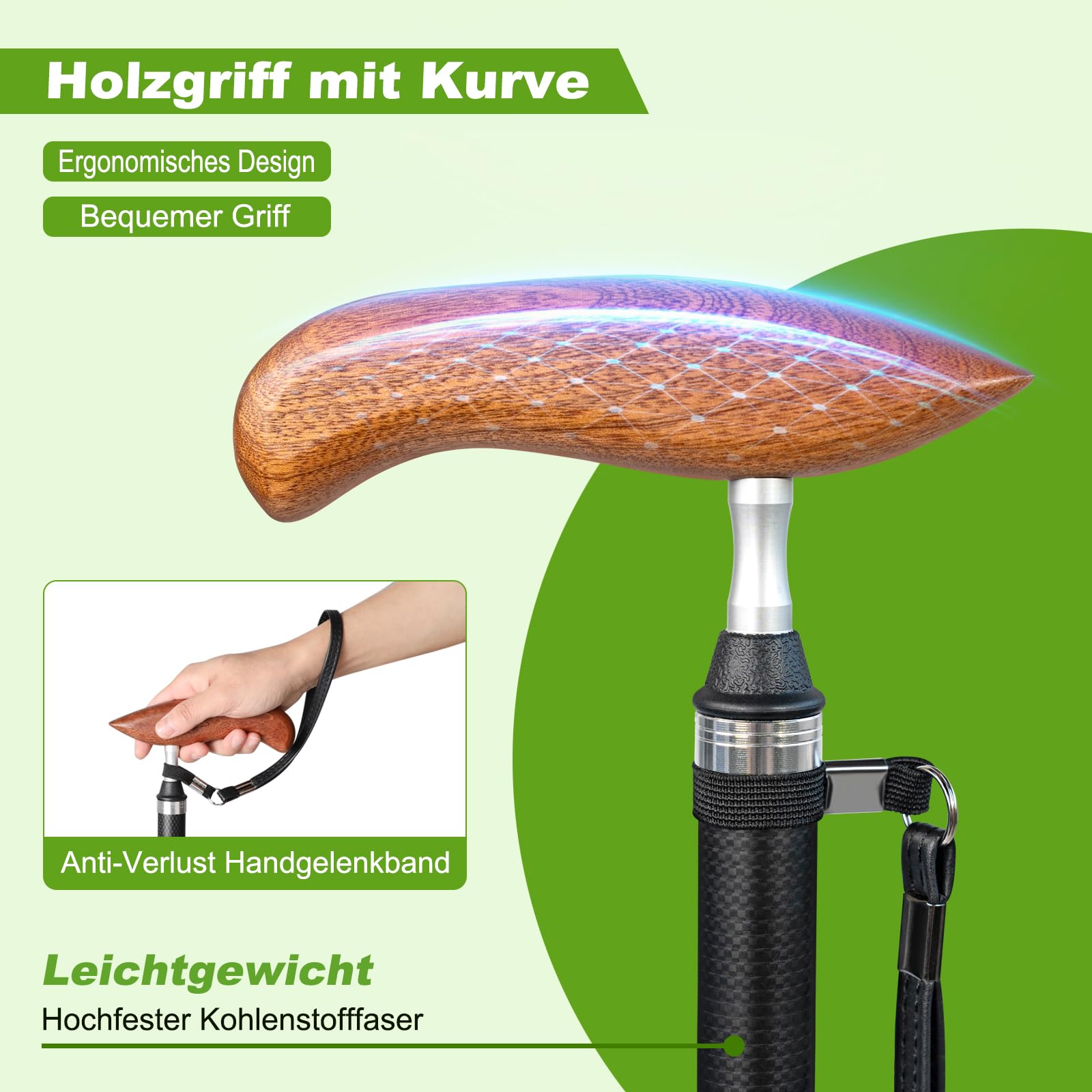 Leichter Gehstock aus Carbonfaser mit Tragetasche, rutschfeste Stoßdämpfende Gummispitze(2 Ersatz-Gummispitzen enthalten), Faltbar und Höhenverstellbar, Ideal für Senioren & Rehabilitation