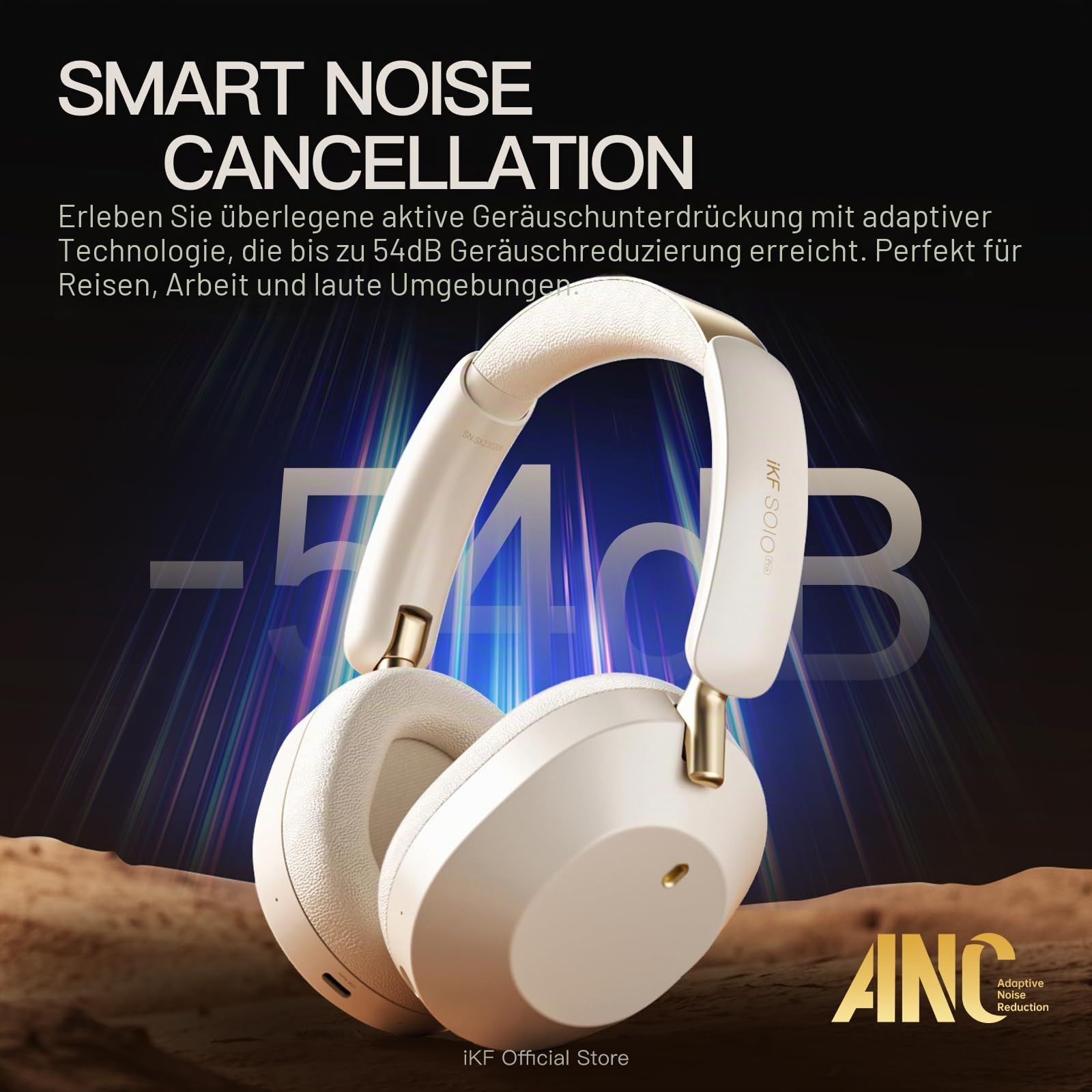 iKF Solo Pro Kabellose Kopfhörer, Adaptiv ANC, Hi-Res, 140 h Akkulaufzeit | Bluetooth Over-Ear Headset, Spatial Audio, Kopfverfolgung, Transparenz Modus, Tiefer Bass, Alltag, Büro, Schwarz/Ro