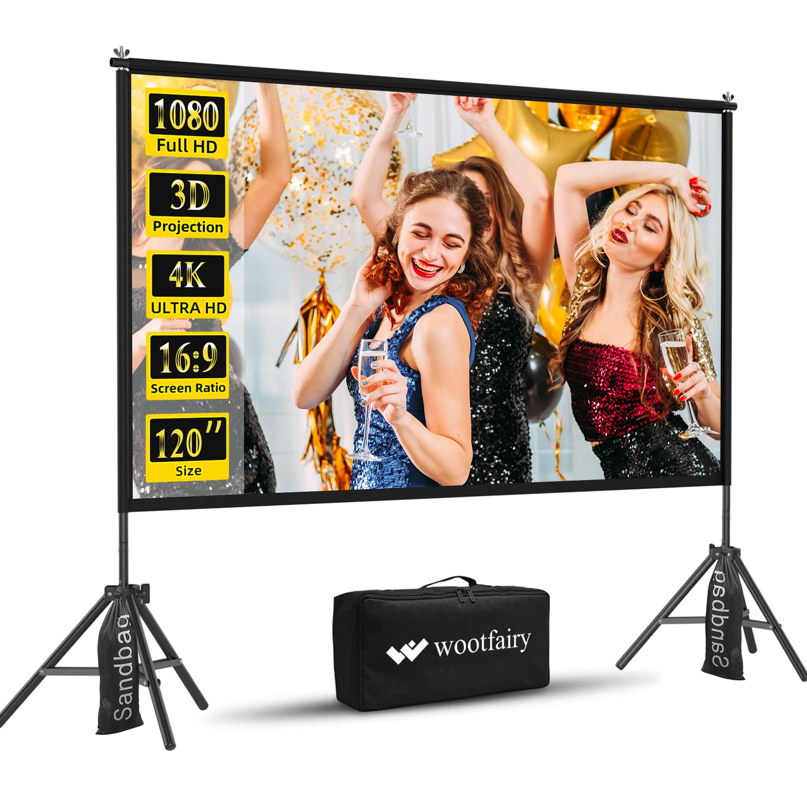 Projector Screen with Stand, Wootfairy 120 inch Portable and Foldable Indoor Outdoor Projection Screen 16:9 4K HD Rear Front Wrinkle-Free Movie Screen