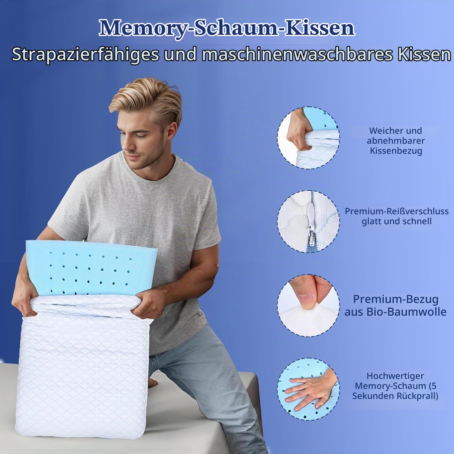 Hapiclody Flaches Kopfkissen aus Memory Foam, Dünnes Kissen für Bauch- und Rückenschläfer, Kühlend & Atmungsaktiv, Abnehmbarer Bezug Waschbar, 40x80 cm