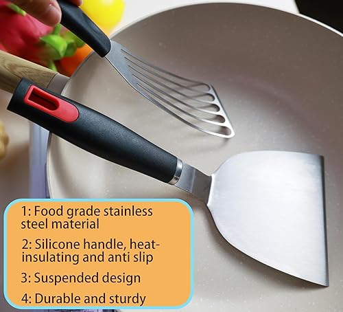 Miniatura 3 de Juego de espátulas de acero inoxidable, espátula de sartén de hierro fundido con mango de silicona, aleta giratoria para panqueques, hamburguesas,