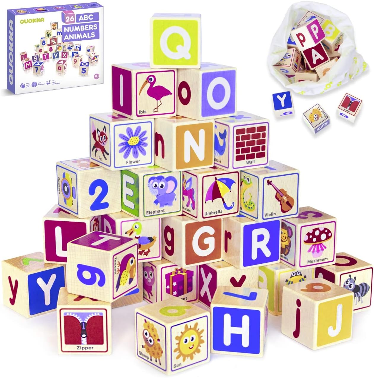 QUOKKA Wooden Puzzles Blocks for Toddlers 1-3 Large - 26 Alphabet and Numbers Baby Blocks for Kids Ages 2-4 Gift Wood Stacking & Building Toys for Learning ABC Letters for Boys and Girls 2-4