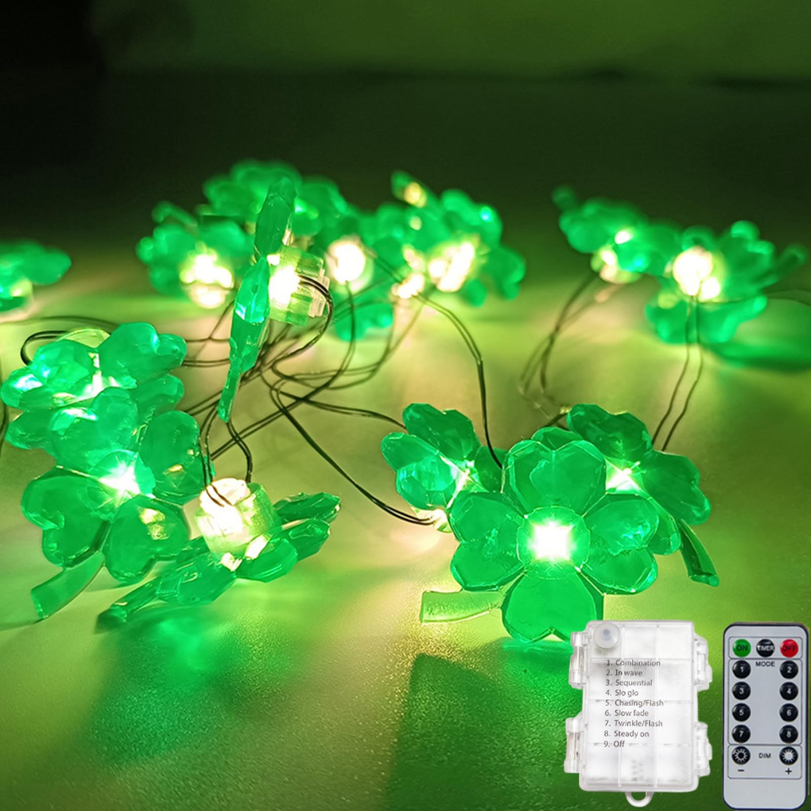 COMAGO St. Patrick's Day Decorations String Lights Battery Operated,13FT 40 LEDs 8 Modes with Remote Control,Shamrocks Lights for St. Patrick's Day Party and Home Indoor Outdoor Decor