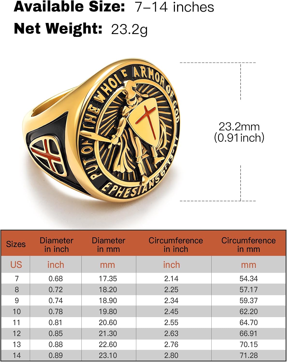 Christian Ring Knights Templar Put On The Whole Armor Of God Ephesians 6:13-17 Red Cross Design Men's Religious Catholic Ring,Biker Punk Cocktail Party 316L Stainless Steel Rings For Men Gift