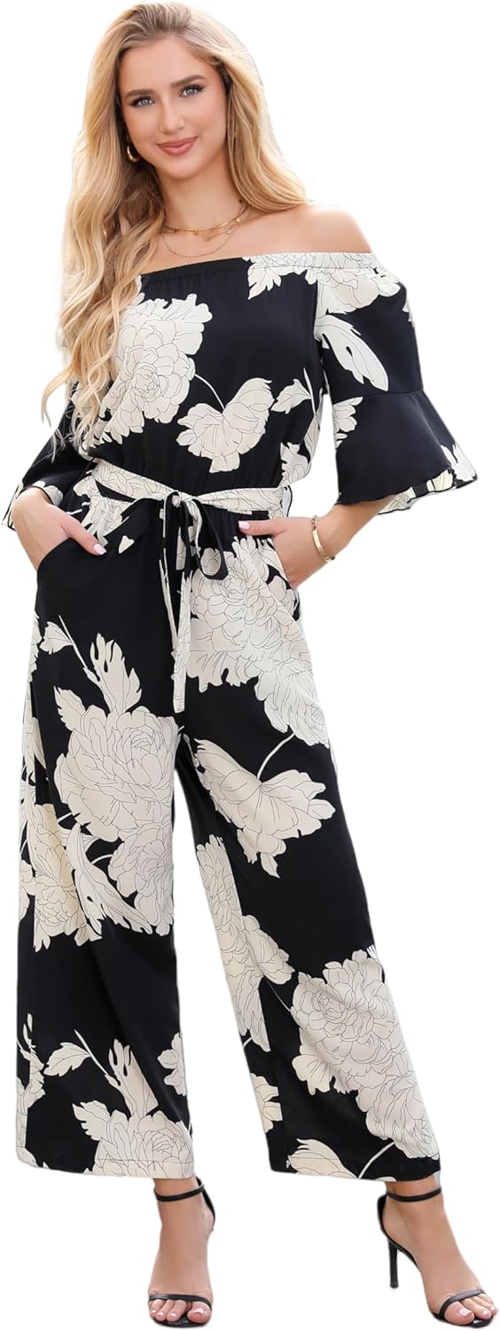 Love Welove Fashion Jumpsuits for Women Dressy Casual – Floral Spring Off Shoulder Wide Leg One Piece Romper Outfit
