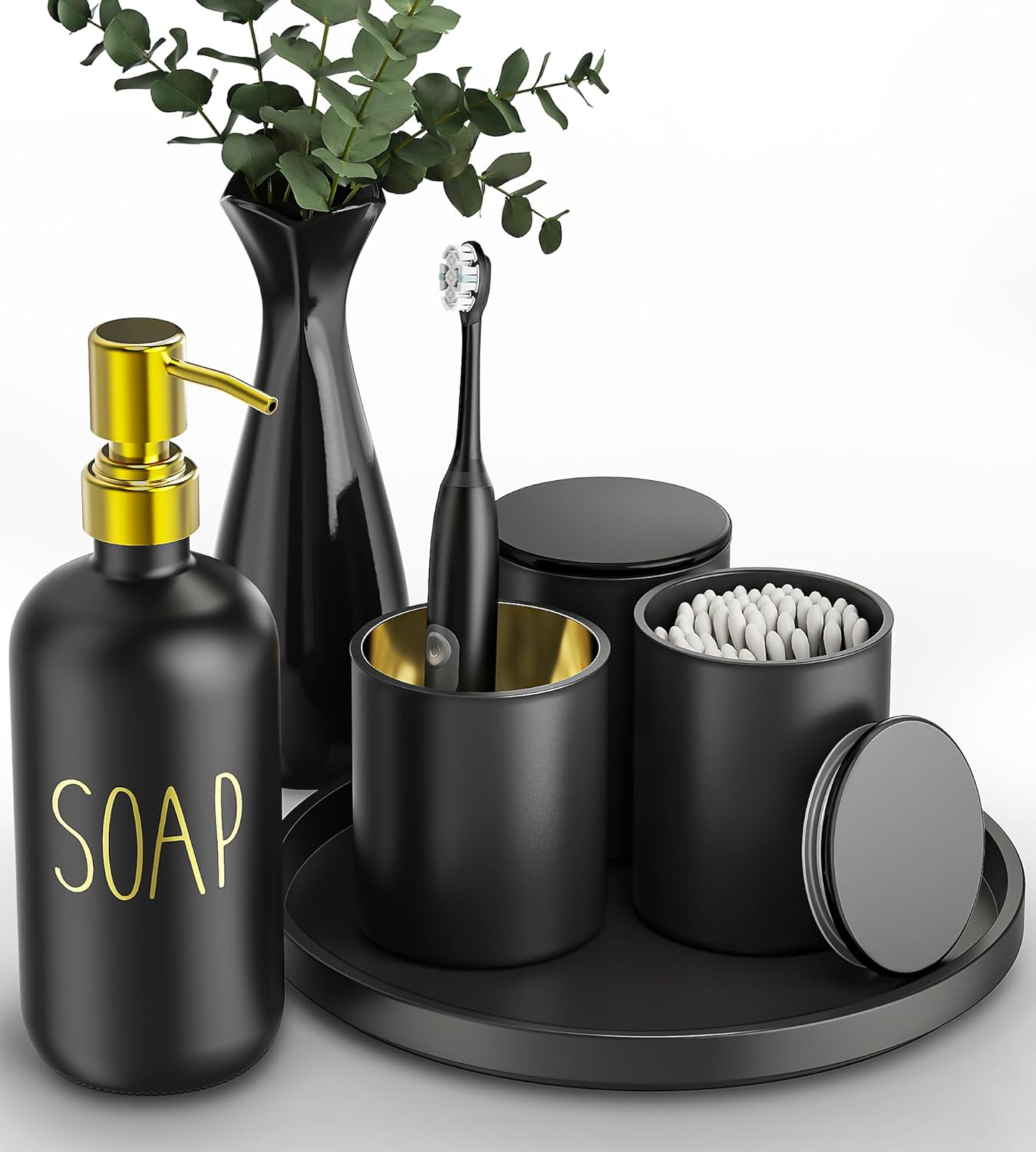 White Bathroom Accessories Set with Tray, 6pcs White and Gold Bathroom Accessory Sets, Glass Soap Dispenser and Toothbrush Holder Set, Qtip Holder, Ceramic Flower Vase, Bathroom Set Decor