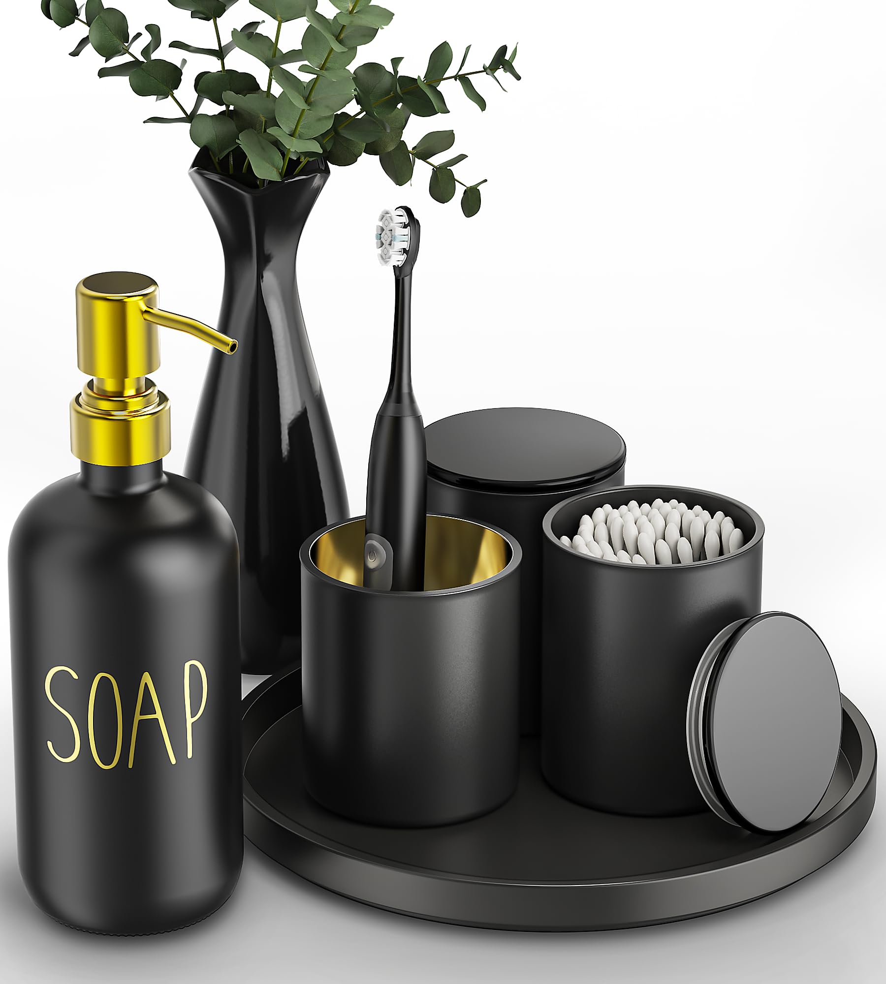 Juego de accesorios de baño negros con bandeja, 6 juegos de accesorios de baño negro mate, dispensador de jabón de vidrio y soporte para cepillo de dientes, soporte Qtip, jarrón de flores de cerámica