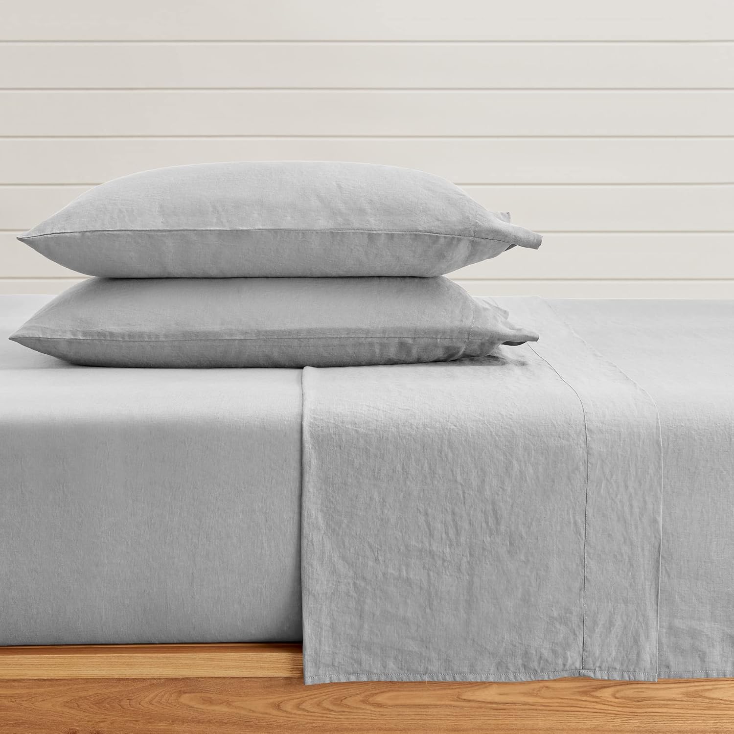 Levtex Home - 100% French Flax Linen - Twin Sheet Set - French Flax Washed Linen - Light Grey - Set Includes : Flat Sheet (66x96in.), Fitted Sheet (39x75+15in.) and 1 Pillow Case (20x30in.)