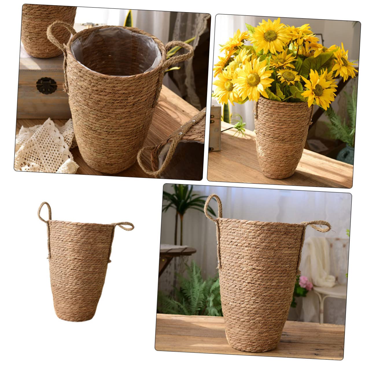 Cesta Tejida a Mano Grande de Paja para Flores y Plantas | Uso Interior Hogar, Estilo Rústico y Elegante, Pieza Decorativa Práctica para Espacios Amplios