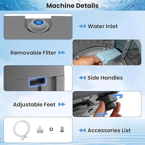 Miniatura 8 de Nictemaw Lavadora portátil de 2.8 pies cúbicos, lavadora automática completa de capacidad de 20 libras con bomba de drenaje, 10 programas de lavado