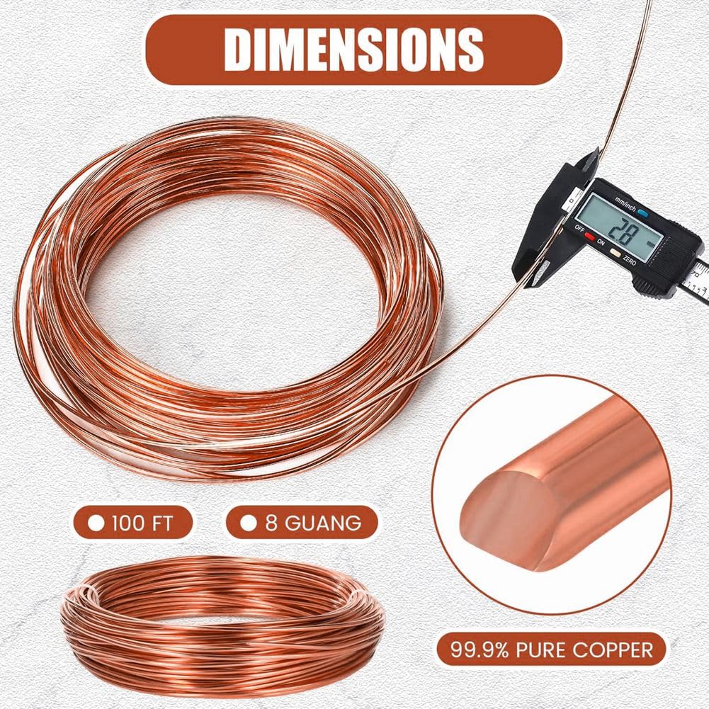 Malloy Alambre de Cobre Puro de Calibre 8 de 100 Pies para Fabricación de Joyas, Manualidades y Jardinería con Electrocultivo