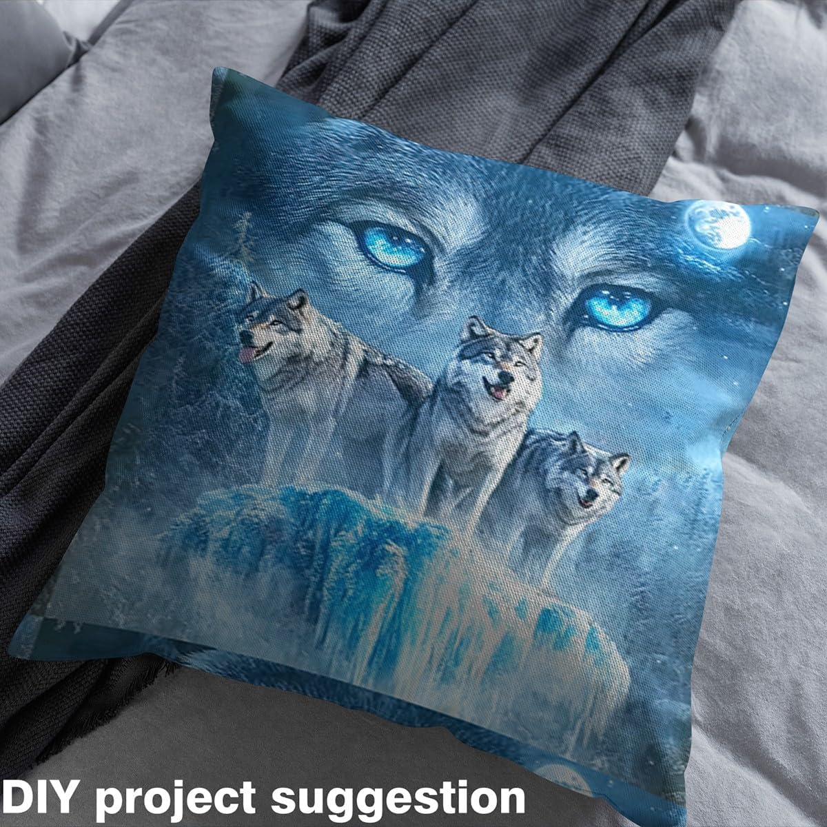 Erosebridal Arctic Glacier Wolf Fabric by The Yard,Hunting Wild Animal Wolves Upholstery Fabric for Quilting Sewing,Night Moon Wildlife Blue Eyes Rocks Material for DIY Upholstery,3 Yards,Blue Grey
