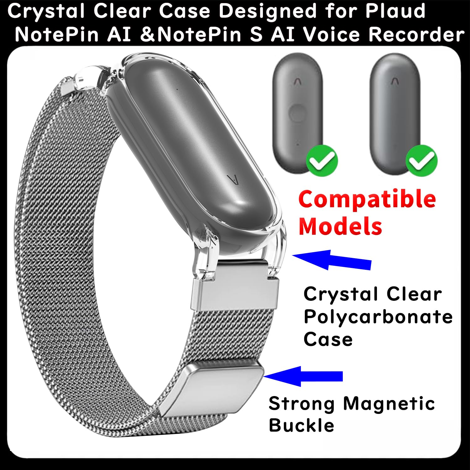 Photo 1 of 2-in-1 Wristband & Neckband Accessory for Plaud NotePin & NotePin S AI Voice Recorder - High-Clarity PC Case with Magnetic Strap & Adjustable Neck Strap (Silver)