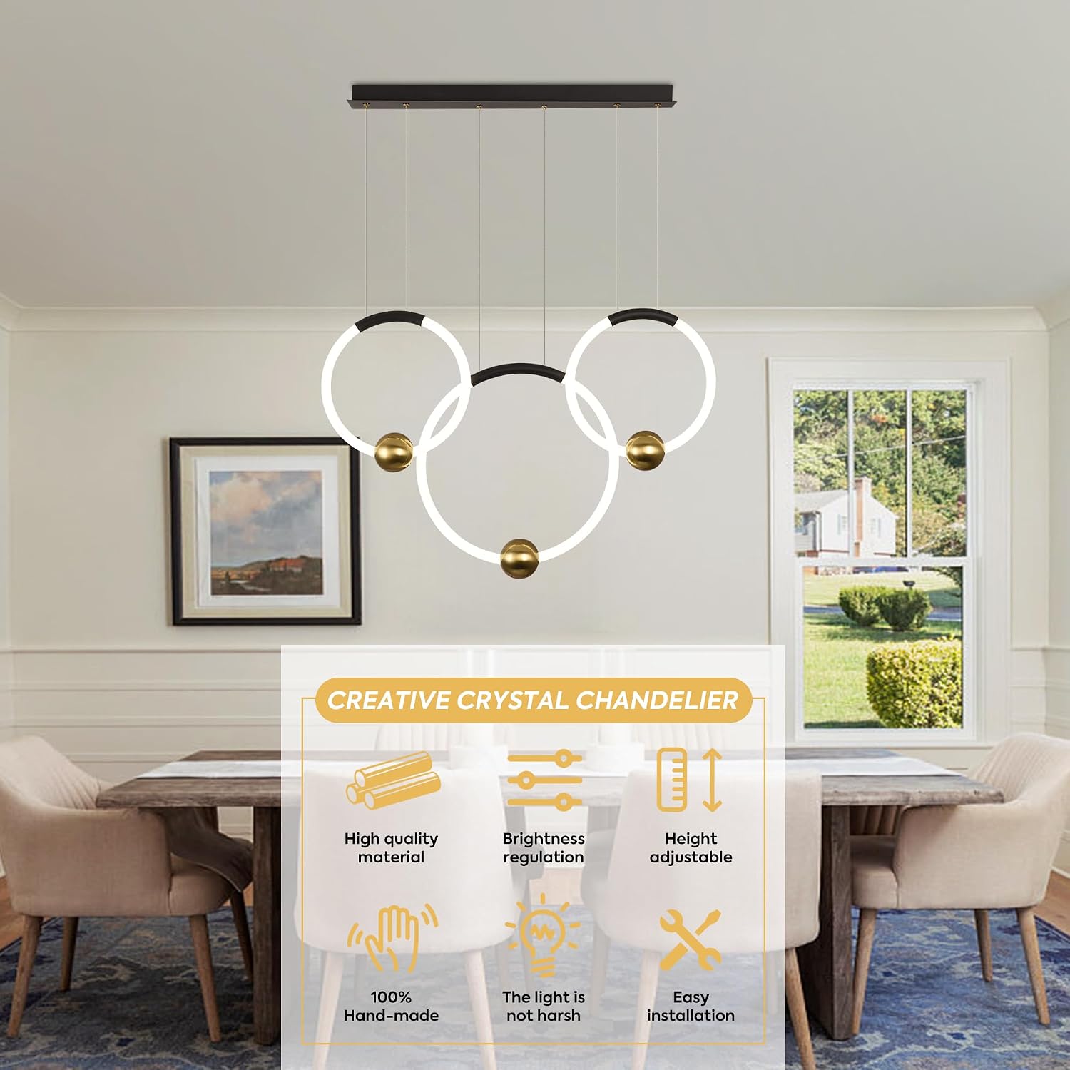 3 Circle LED Chandelier Linearly Pendant Light Fixture,25Inch 65W Hanging Ceiling Lights Indoor Lighting Height Ajustable 3000K Hanging Lamp for Living Dining Room Kitchen Island Pendant Light