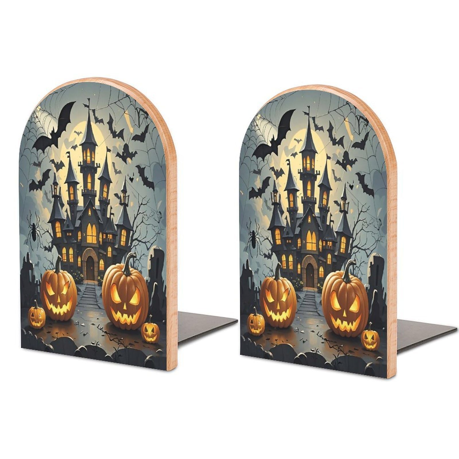Pumpkin Lantern Castle Bookend for Shelves Non-Skid Book Holder Modern Heavy Duty Bookend Stopper Metal Base Wood Book End Books Shelf Holder Home Decorative 1pair 5x3.9x3.1