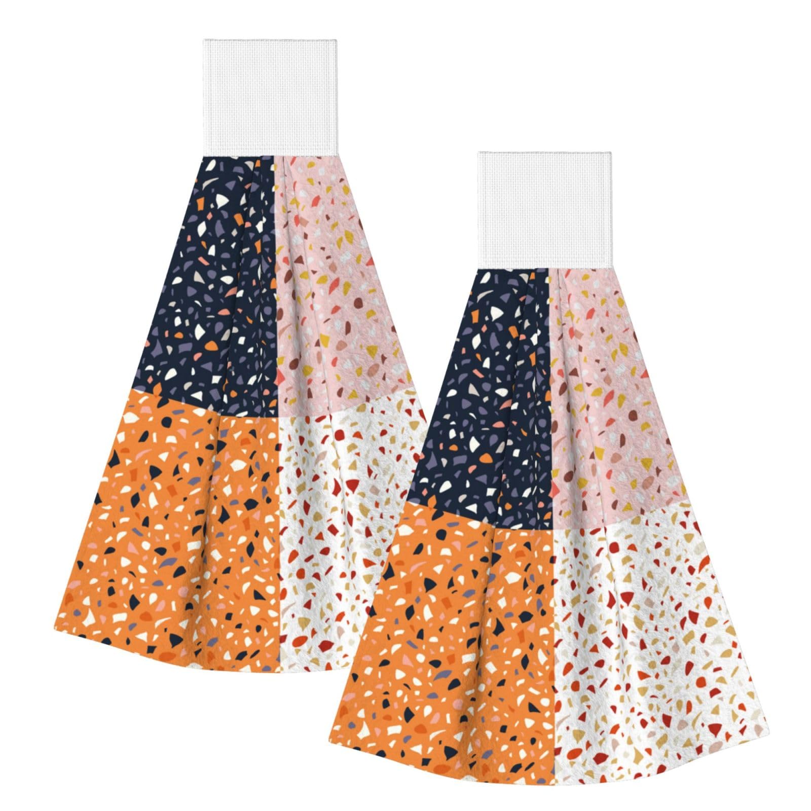 DOPKLNA Seamless Vector Terrazzo Patterns, 2 Pcs Hanging Coral Fiber Hand Towels for Bathroom, Absorbent Kitchen Towels