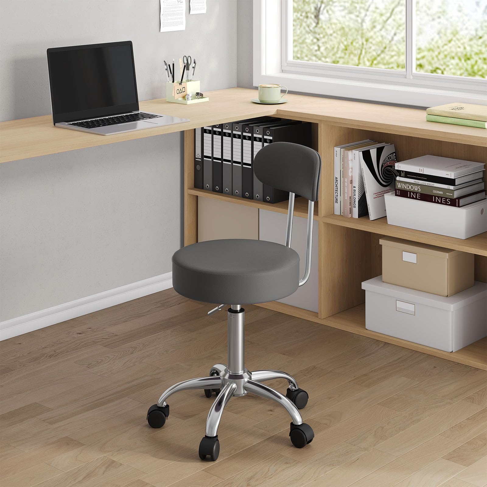 WOLTU Rollhocker Schminkhocker Hocker höhenverstellbar mit Rollen & Lehne Grau Arbeitshocker 360° Drehhocker Bürostuhl Kosmetikhocker für Werkstatt, Schönheitssalons, Studios, Tätowierungen