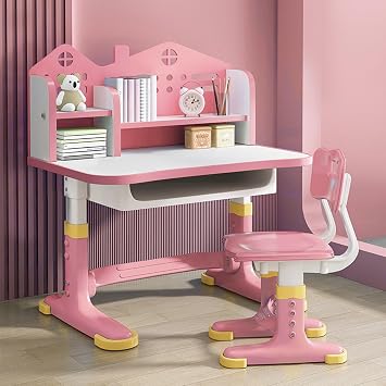 Kids Study Desk Chair Set, Height Adjustable Children School Study Table Chair Set with Sitting Corrector, Ergonomic Desk with Book Stand, Foot Pedal, Partition Design Pink A