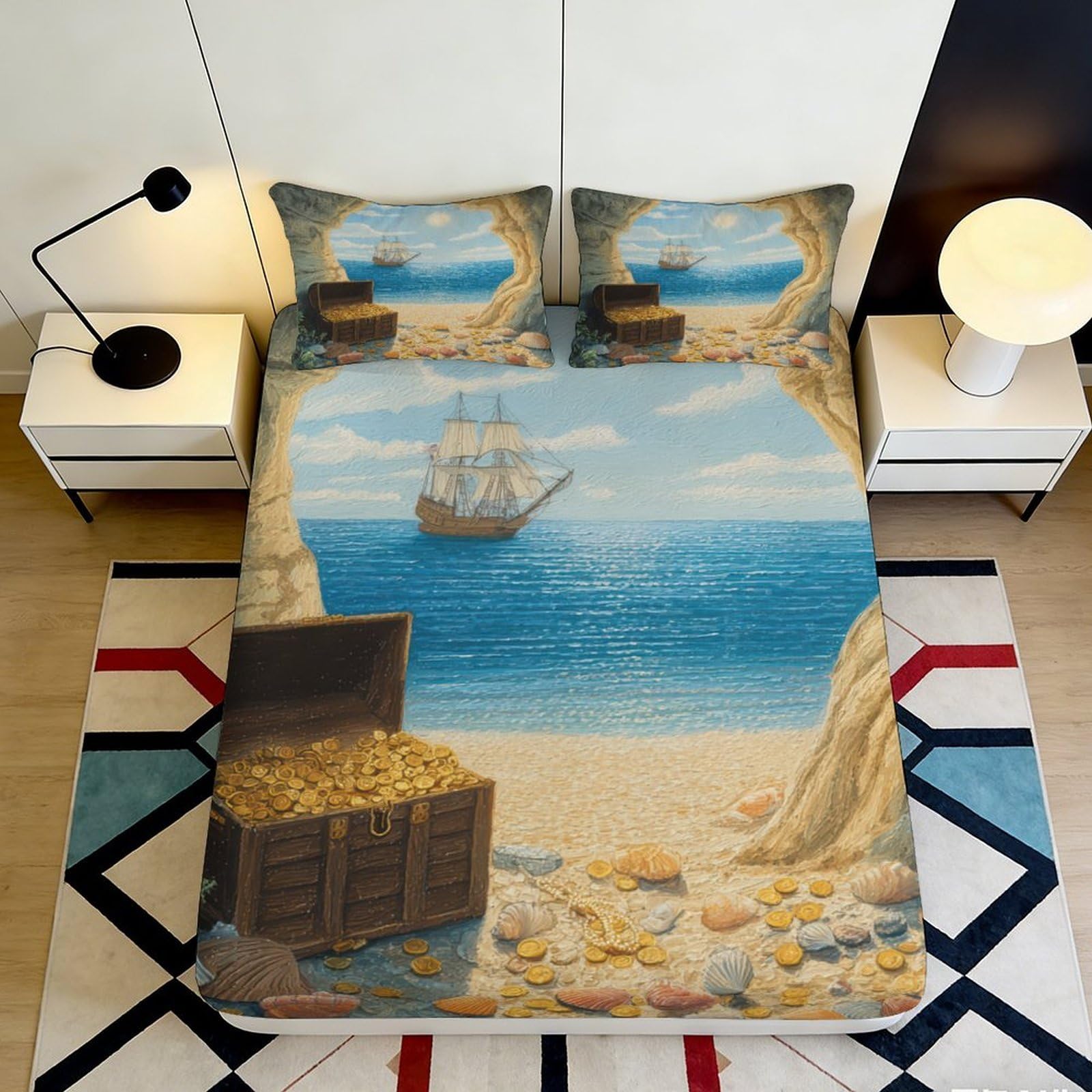 3D Printed Pirate Treasure Fitted Sheet Microfiber Soft Durable Ocean Scene Bed Cover for Bedroom Dormitory Guest Room Mattress Protection 140x200x25cm