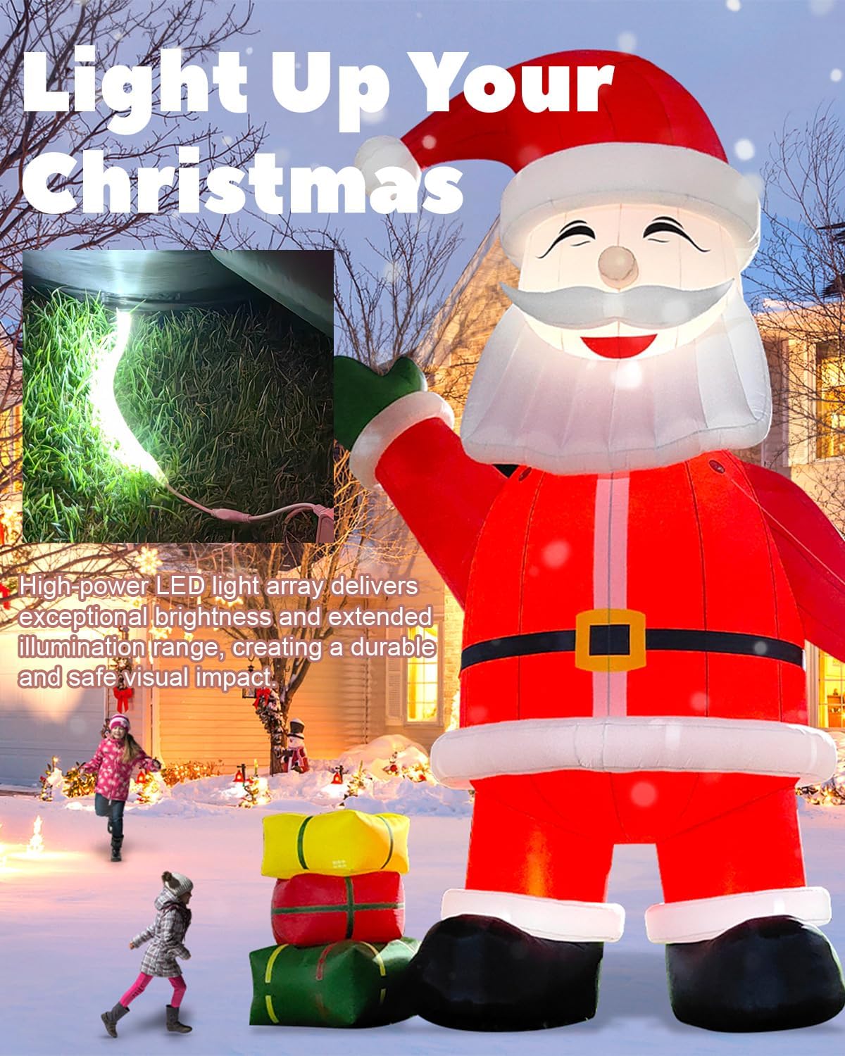 33FT Giant Christmas Inflatable Santa Claus with Built-in LED Light, Cindy Cane&Gift Boxes Durable Oxford Huge Blow up Christmas Inflatable Outdoor Decoration Yard Decorations with 1100W Blower