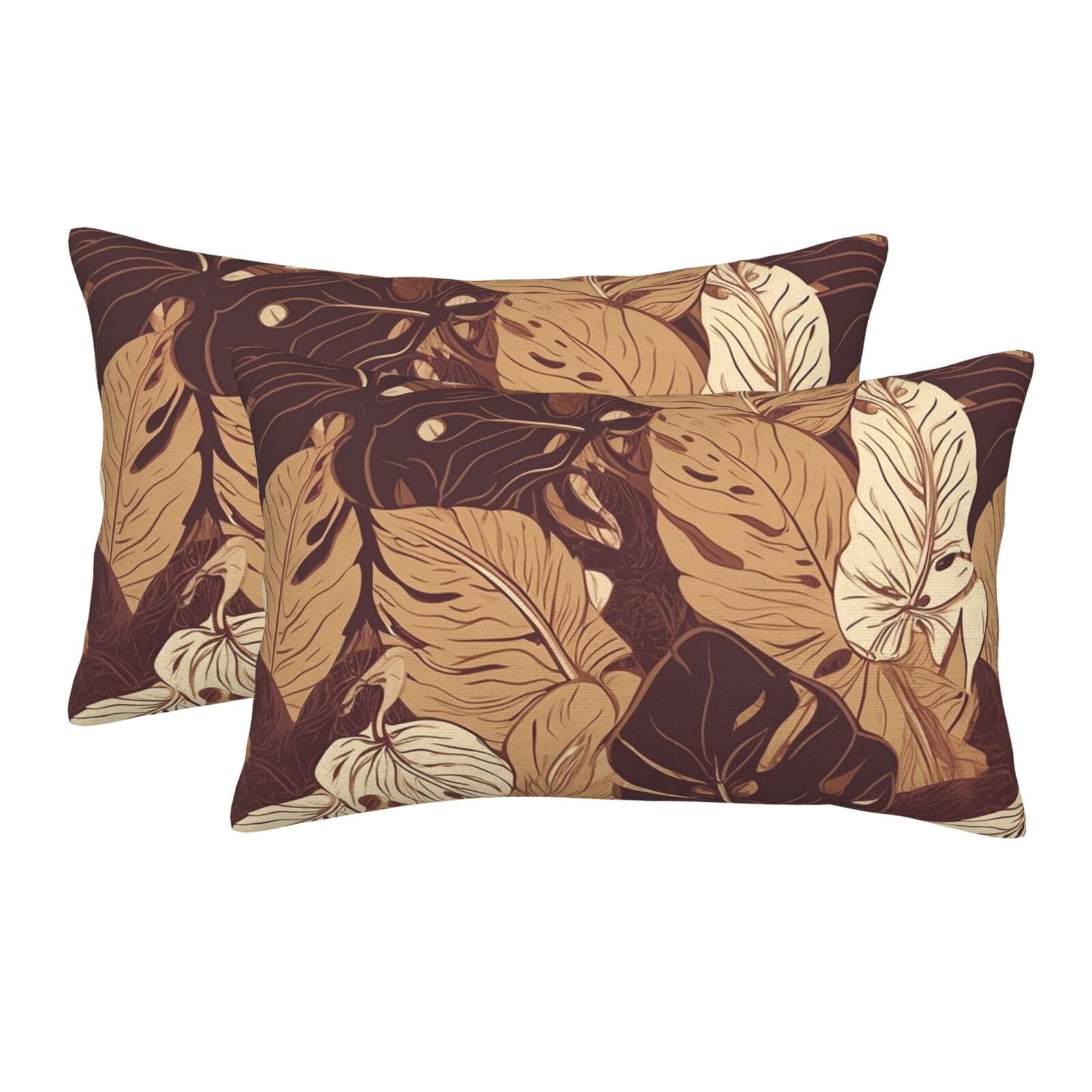 2 Pack Standard Size Pillow Cases for Hair and Skin Soft Breathable Pillow Case Covers with Hidden Zipper Brown Tropical Leaves Pillowcase 16"x24" Pillow Cover for Sleeping Gift