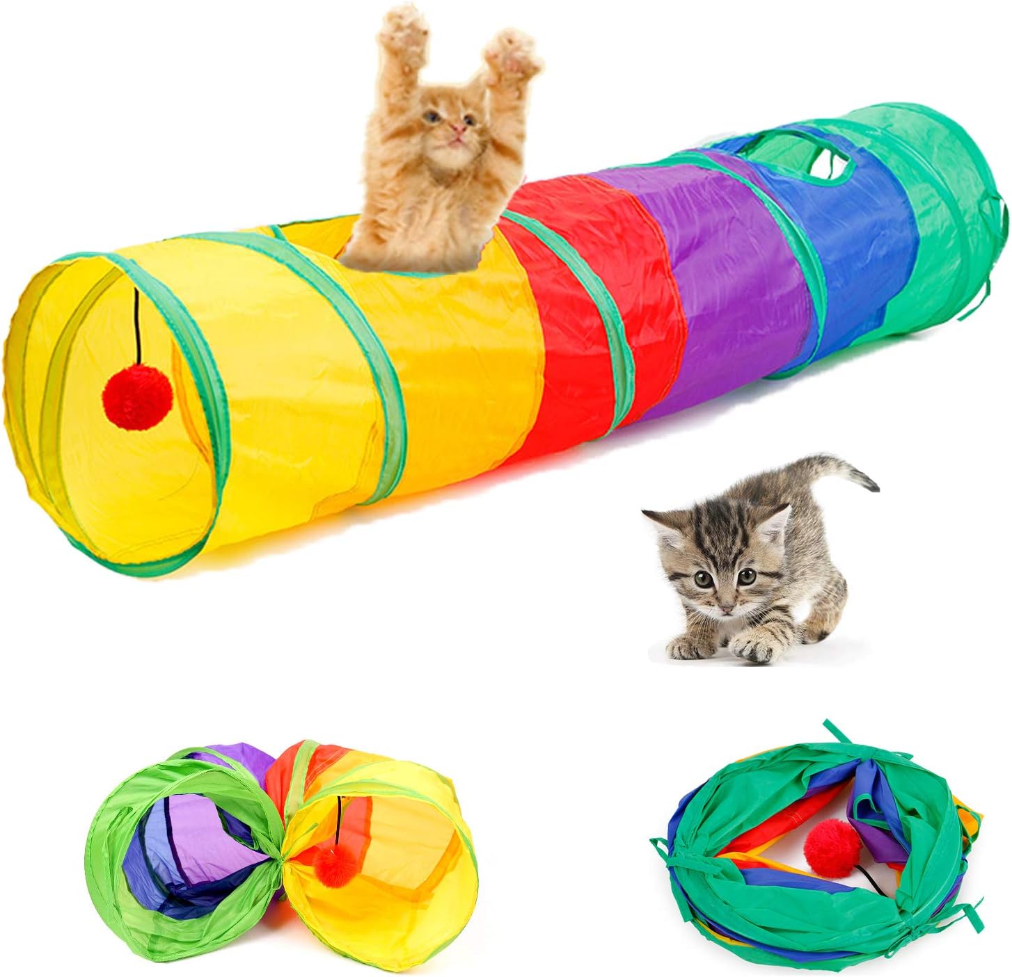 Cat Tunnel with Play Ball, Foldable Rainbow S-Tunnel for Indoor Cat, Interactive Peek-a-Boo Cat Chute Cat Tube Toy with Fun Ball and 2…