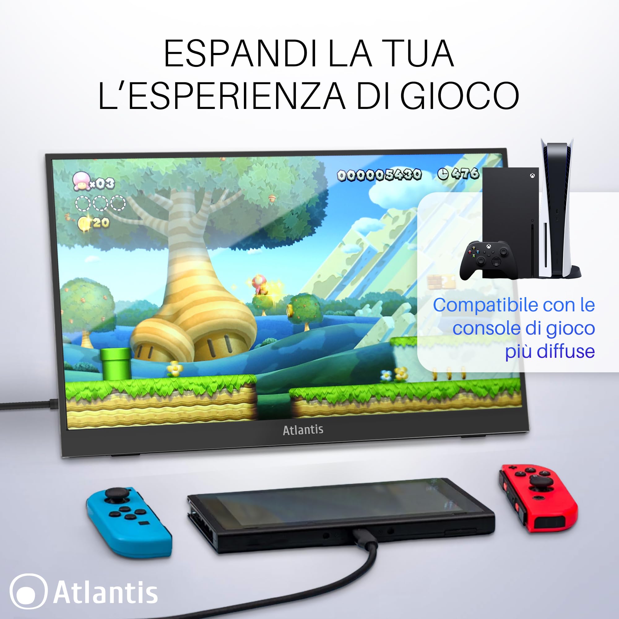 Atlantis Monitor Portatile 16” IPS Full HD, HDMI/USB-C, sotto 1 kg | Speaker 2x1W, inclinazione regolabile, per notebook, console e Switch, cavi inclusi, cod. A05-P156WP