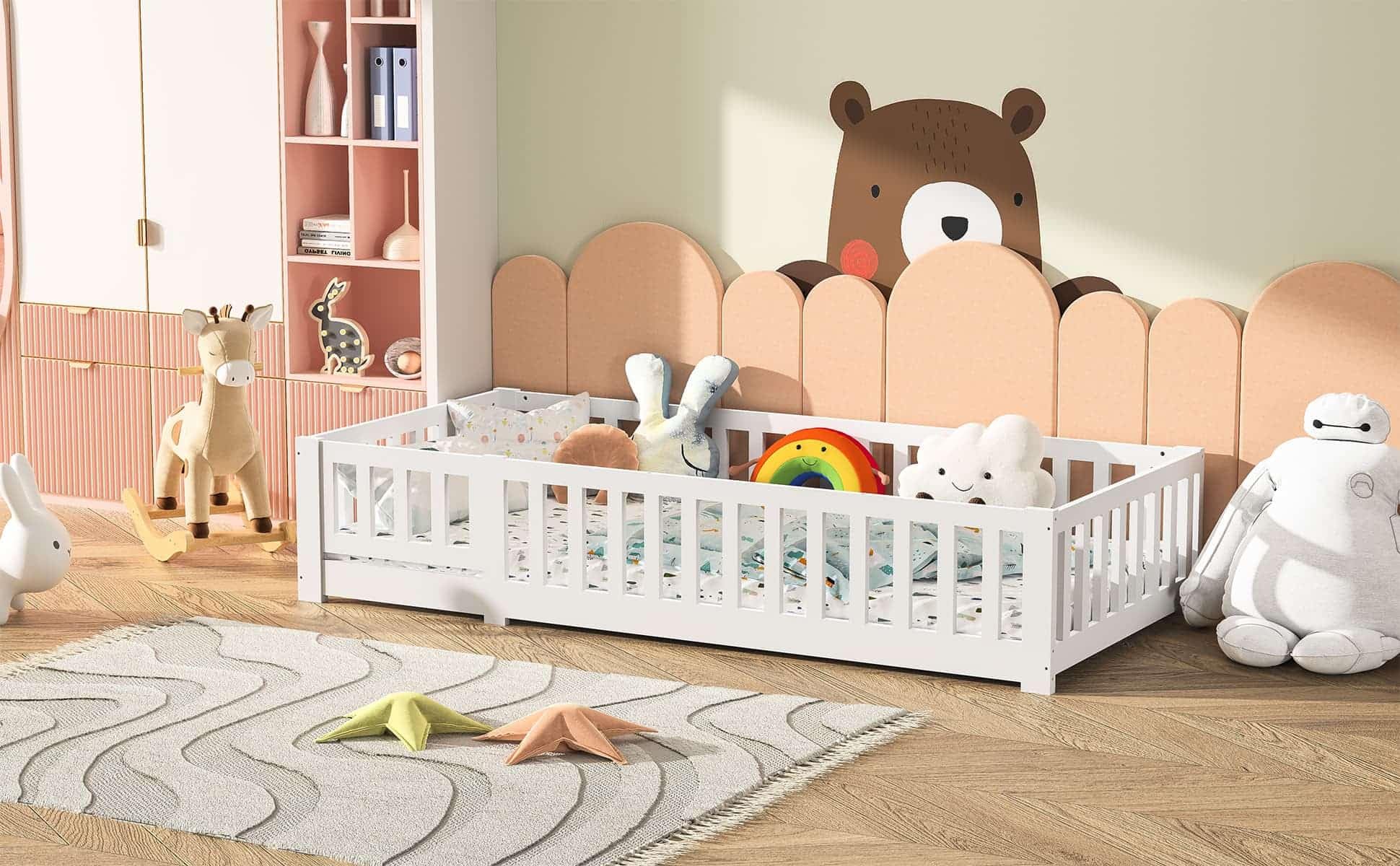 BestAlice Cama infantil Montessori de 90 x 190 cm, con protección anticaída y somier, cama juvenil, cama individual, para niñas y niños, madera maciza de pino incluida, color blanco