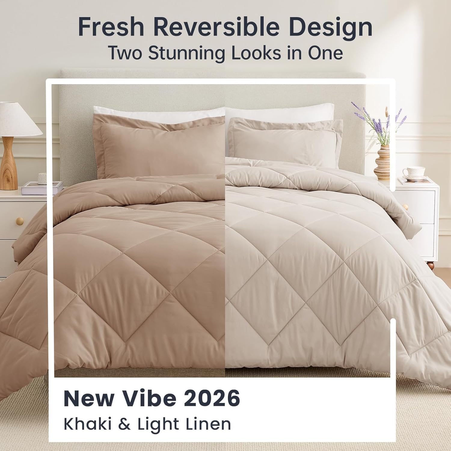 JOLLYVOGUE Queen Comforter Set Khaki/Linen, Ultra Soft Reversible Bedding for All Seasons, 3 Pieces Down Alternative Bed Set Includes 1 Lightweight Comforter and 2 Pillow Shams
