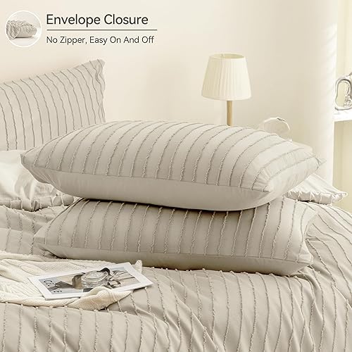 Miniatura 6 de JELLYMONI - Juego de funda de edredón de microfibra tamaño queen color gris crema de 3 piezas, reversible, textura capitoné a rayas bohemias con