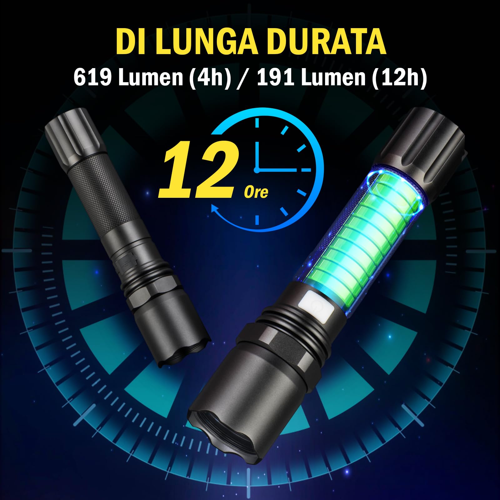 UltraFire Torcia a LED ricaricabile da 12 pollici, 619 lumen, torcia di sicurezza, 3 modalità con lampeggio rosso, USB-C, per il controllo del traffico, aeroporto, vigili del fuoco, parcheggio