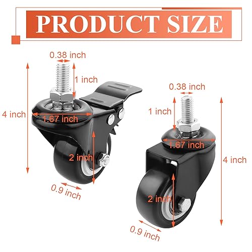 Miniatura 2 de Paquete de 4 ruedas giratorias Abuff M10 de 2 pulgadas, ruedas giratorias resistentes que cargan 440 libras (2 con frenos y 2 sin) para carritos de