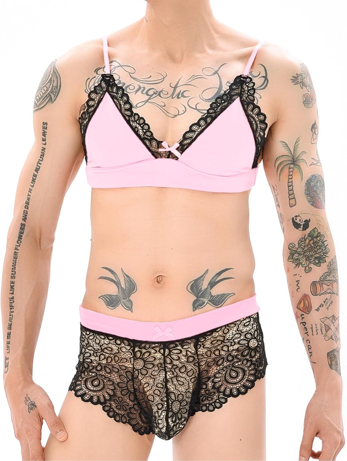 FEOYA Feminine Underwear for Men Sissy Lingerie Set 3 Piece Floral Lace Bra And Panty Stockings For Crossdressers - Image 4