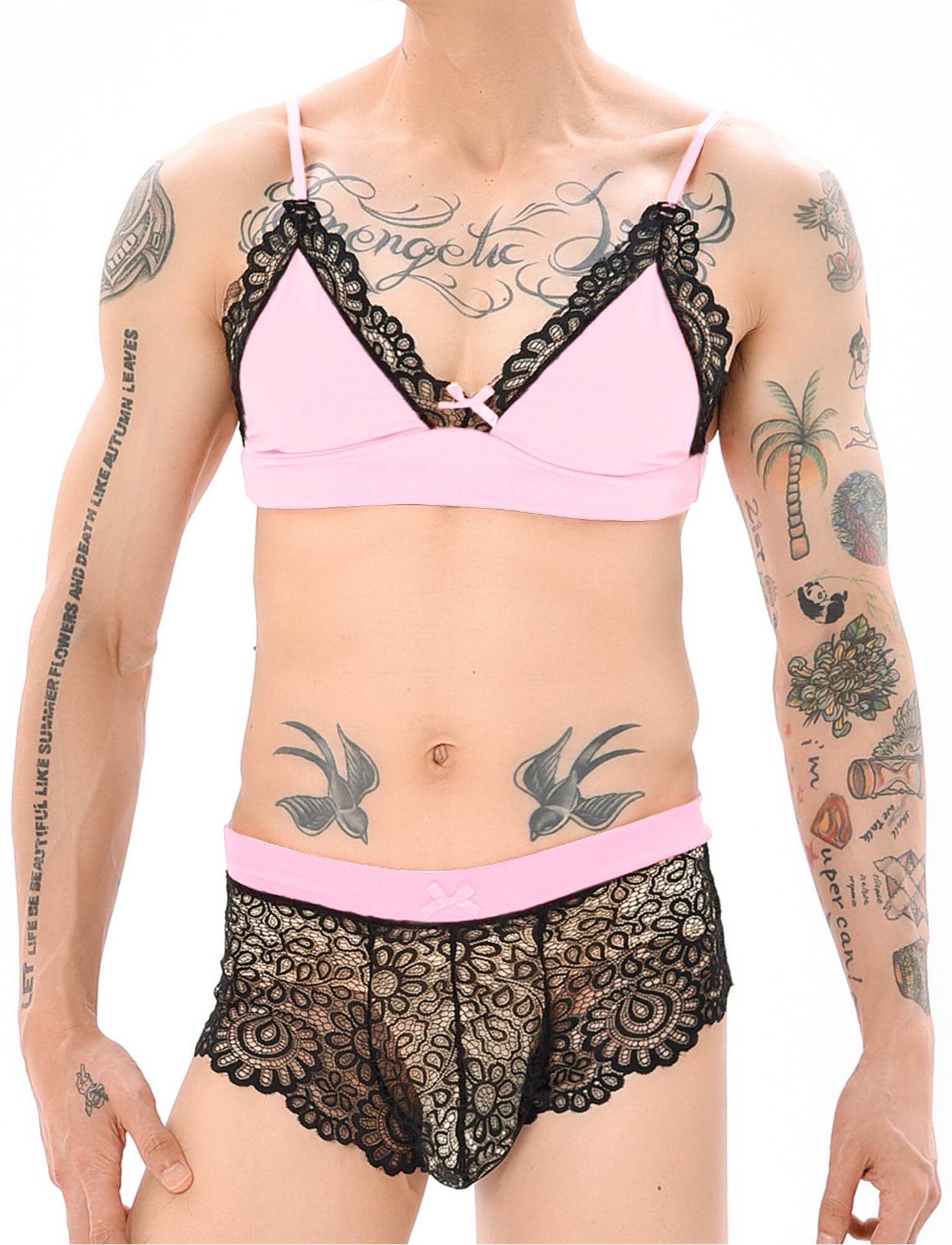 Happy Cherry Bikini Crossdressing Lencería Set para Hombres Sujetador Ropa Interior Medias Set 3 Piezas