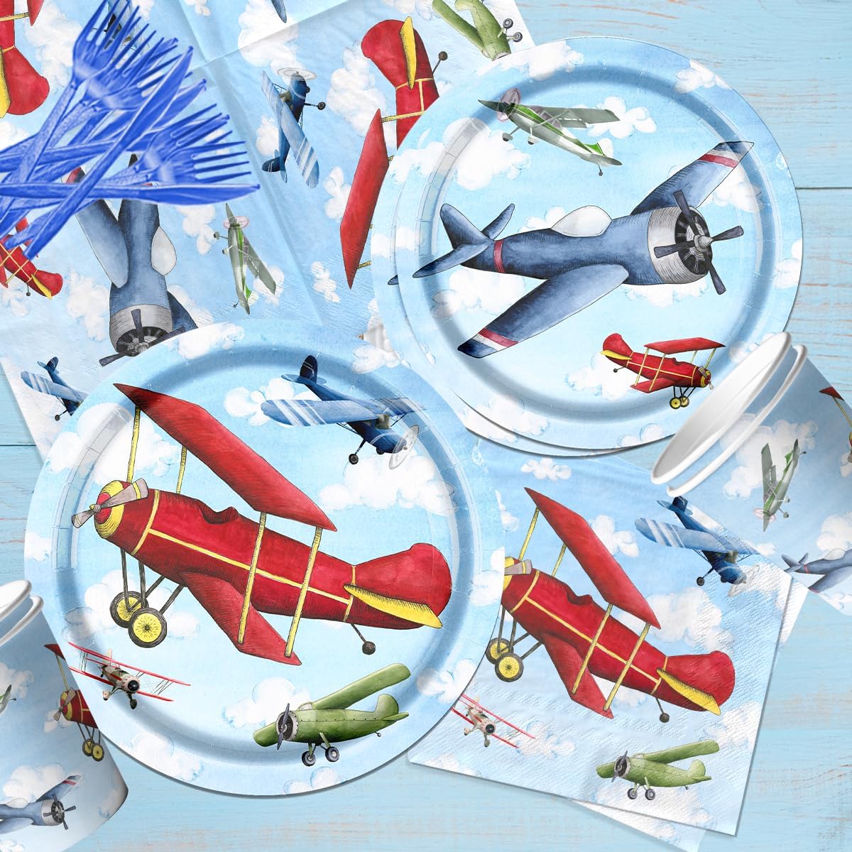 142pcs Airplane Birthday Party Decorations Airplane Party Tableware Supplies Airplane Blue Sky White Disposable Plates,Tablecloth,Napkins,Cups,Banner Forks and Knives For Kids Favors Serve 20 Guests - Image 4
