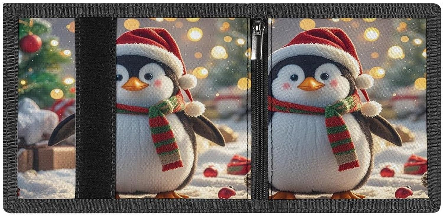 Christmas Funny Penguin Wallet for Men Women Zipper Travel Wallets Stylish Trifold Wallets with Large Capacity Bifold Wallet