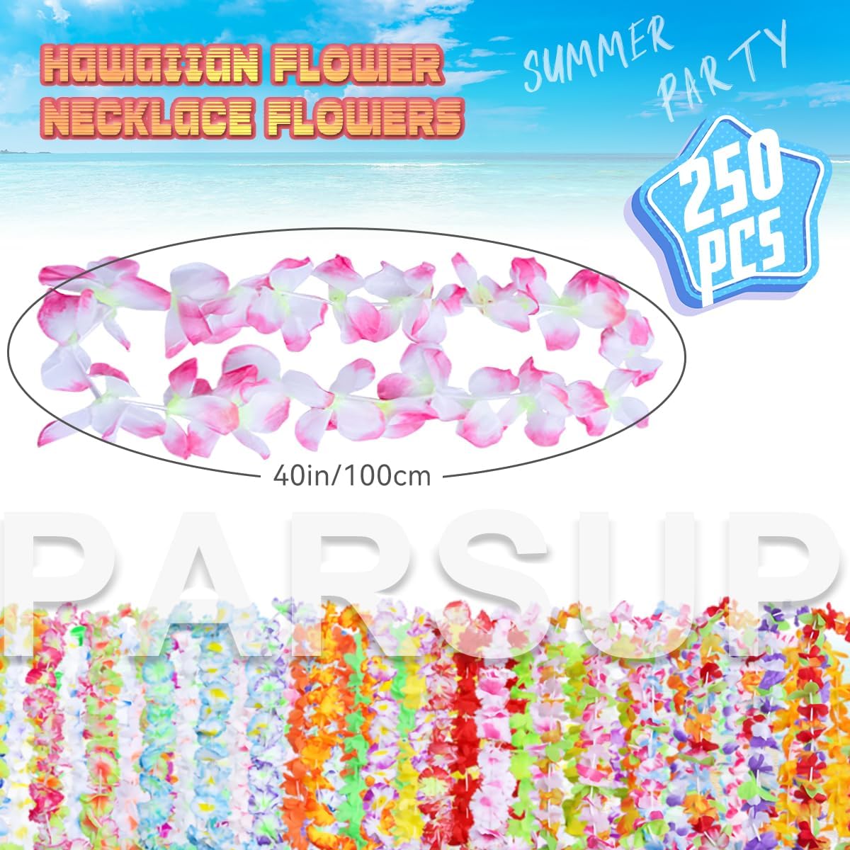 PARSUP 250 Pieces Hawaiian Leis Party Decorations, 50 Styles Flower Necklace Bulk for Tropical Theme Beach Supplies Night Bar Luau Aloha Beach Vacation
