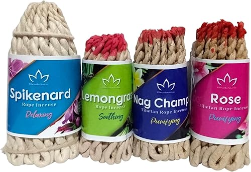 Miniatura 6 de Aromaterapia – Paquete de incienso de cuerda tibetana de 4 aromas (140 en total) – Rosa, citronela, Nag Champa y Spikenard- Promueve el bienestar y
