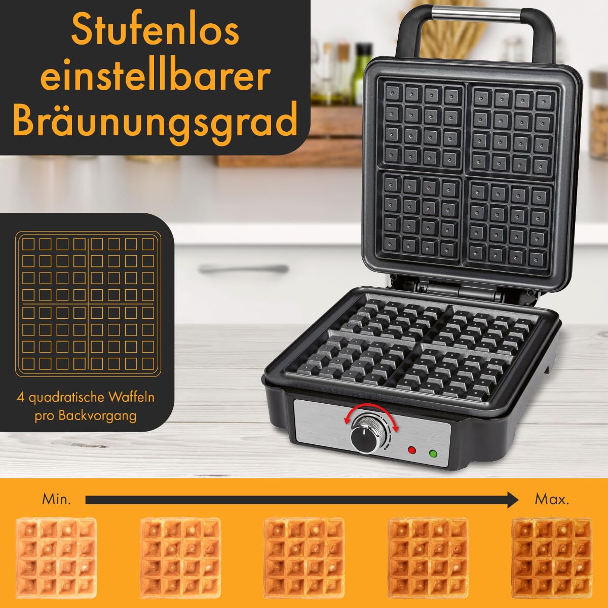 ProfiCook® PC-WA 1241 - Piastra per waffle belghe con 4 superfici di cottura, piastra per waffle belga, superficie di cottura antiaderente | grado di doratura regolabile | acciaio inox | 1200 Watt |